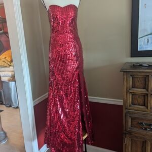 Red Sequin Strapless Gown